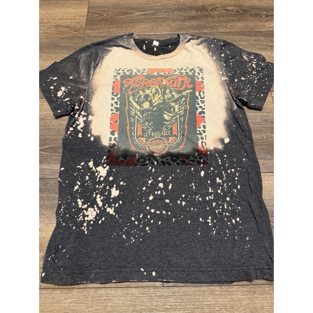 Y2K Aerosmith Rock Concert Band Tee Shirt Graphic Splatter Gray Men's Size Small
